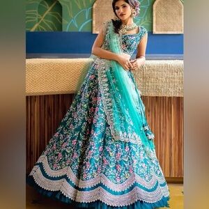 Indian Elegant Teal Embroidered Party Dress Set Size S
